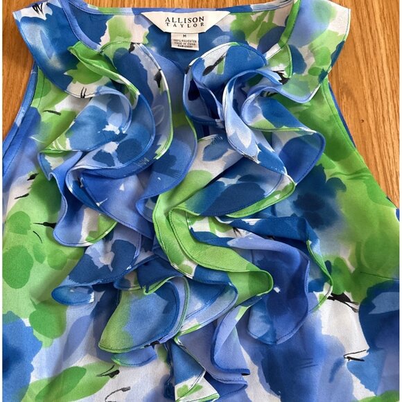 Allison Taylor Sleeveless Blouse Womens Med Floral Ruffle Blue Green Office Top - Picture 4 of 6